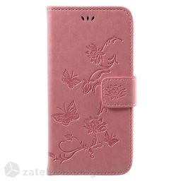 Кожен калъф тип портмоне с цветя и пеперуди за Samsung Galaxy J7 2017 - розов