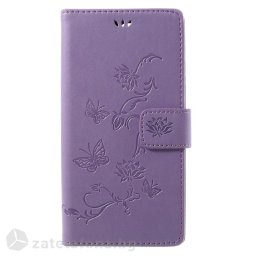 Кожен калъф тип портмоне с цветя и пеперуди за Sony Xperia XZ Premium - лилав