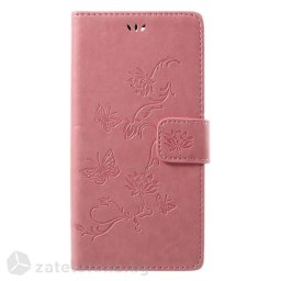 Кожен калъф тип портмоне с цветя и пеперуди за Sony Xperia XZ Premium - розов