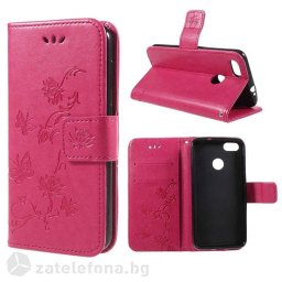 Кожен калъф тип портмоне с цветя и пеперуди за Huawei P9 Lite mini - цвят ярко розов