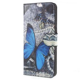 Кожен калъф тип портмоне за Huawei P Smart - синя пеперуда