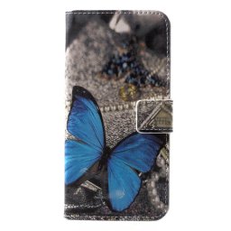 Кожен калъф тип портмоне за Huawei P20 Lite - синя пеперуда