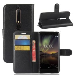 Кожен калъф тип портмоне с кръгло капаче за Nokia 6.1( Nokia 6 2018) - черен