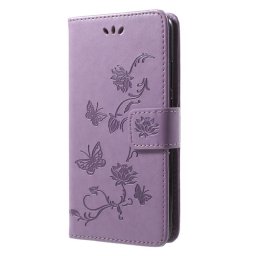 Кожен калъф тип портмоне с цветя и пеперуди за Huawei P20 Lite - лилав