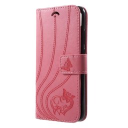 Кожен калъф тип портмоне със сърце за Huawei P20 Lite - розов