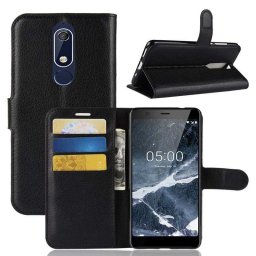 Кожен калъф тип портмоне с кръгло капаче за Nokia 5.1 - черен