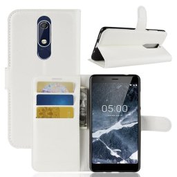Кожен калъф тип портмоне с кръгло капаче за Nokia 5.1 - бял