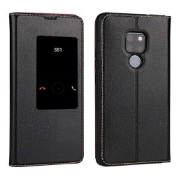 Калъф от естествена кожа с прозорче за Huawei Mate 20 - черен