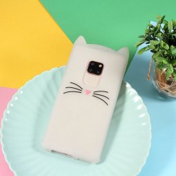 Силиконов калъф за Huawei Mate 20 с котка - бял