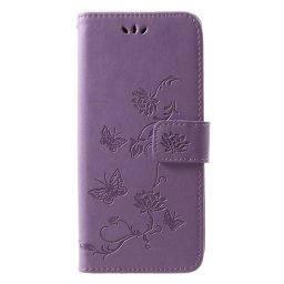 Кожен калъф тип портмоне с цветя и пеперуди за Huawei P30 Pro - лилав