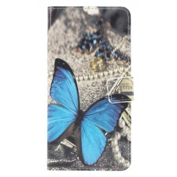 Кожен калъф тип портмоне за Huawei P30 Lite - синя пеперуда