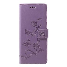 Кожен калъф тип портмоне с цветя и пеперуди за Sony Xperia 1 - лилав