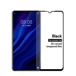 Извит 3D удароустойчив стъклен протектор покриващ целия екран марка MOFI за Huawei P30 - цвят черен
