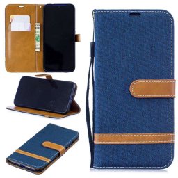 Калъф страничен флип от кожа и текстил за Xiaomi Redmi Note 7 - тъмно син