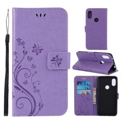 Кожен калъф тип портмоне с цветя и пеперуди за Xiaomi Redmi Note 7 - лилав