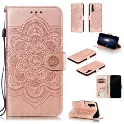 Кожен калъф тип портмоне с мандала за Huawei Nova 5T - розов