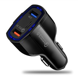 Зарядно за кола с 3 USB изхода - QC 3.0 USB, USB изход, Type-C изход - цвят черен