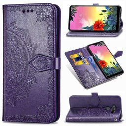 Кожен калъф тип портмоне с мандала за LG K50s - тъмно лилав