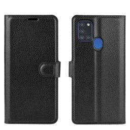 Кожен калъф тип портмоне за Samsung Galaxy A21s - черен