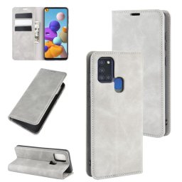 Кожен калъф тип портмоне с магнитна закопчалка за Samsung Galaxy A21s - сив