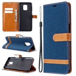 Калъф страничен флип от кожа и текстил за Xiaomi Redmi Note 9 Pro - тъмно син