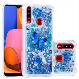 Силиконов гръб с течност с брокат за Samsung Galaxy A20s - синя пеперуда