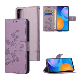 Кожен калъф тип портмоне с цветя и пеперуди за Huawei P Smart 2021 - лилав
