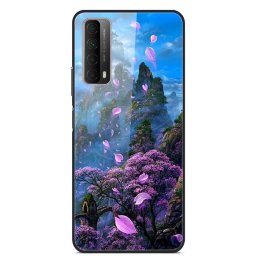 Силиконов кейс със стъклен гръб за Huawei P Smart 2021 - лилави цветя