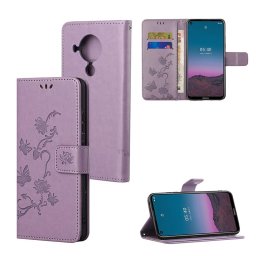 Кожен калъф тип портмоне с цветя и пеперуди за Nokia 5.4 - лилав