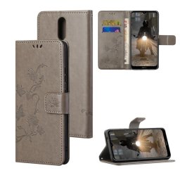 Кожен калъф тип портмоне с цветя и пеперуди за Nokia 2.4 - сив
