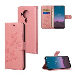 Кожен калъф тип портмоне с цветя и пеперуди за Nokia 5.4 - розов