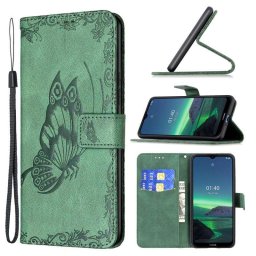 Кожен калъф тип портмоне с пеперуда за Nokia 1.4 - зелен