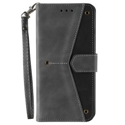 Кожен калъф тип портмоне за Xiaomi 11T 5G/11T Pro - сив с черна лента