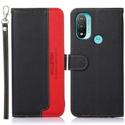Кожен калъф тип портмоне марка KHAZNEH за Motorola Moto E20/E30/E40 - черен с червена лента