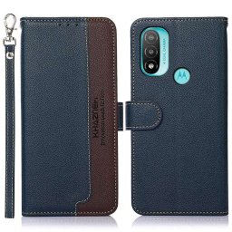 Кожен калъф тип портмоне марка KHAZNEH за Motorola Moto E20/E30/E40 - син с кафява лента