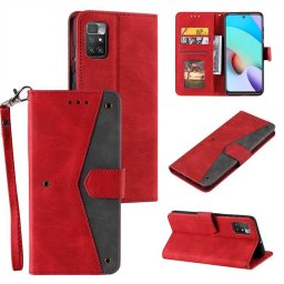 Кожен калъф тип портмоне за Xiaomi Redmi 10 - червен със сива лента