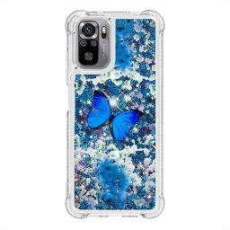 Силиконов гръб с течност с брокат за Xiaomi Redmi Note 10 5G/POCO M3 Pro - синя пеперуда