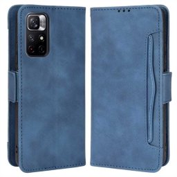Кожен калъф тип портмоне с магнитна закопчалка за POCO M4 Pro - тъмно син