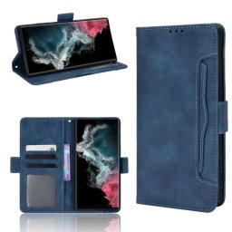 Кожен калъф тип портмоне с магнитна закопчалка за Samsung Galaxy S22 Ultra - тъмно син