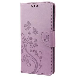 Кожен калъф тип портмоне с цветя и пеперуди за Xiaomi Redmi 10C - лилав