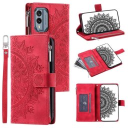Кожен калъф тип портмоне със слънце и джоб с цип за Nokia X30 5G - червен