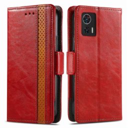 Кожен калъф тип портмоне за Motorola Edge 30 Neo - червен с лента