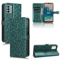 Кожен калъф тип портмоне с ромбоидна шарка за Nokia G22 - тюркоазен