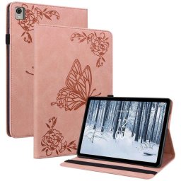 Кожен калъф с пеперуди за Nokia T21 - розов