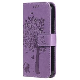 Кожен калъф тип портмоне с дърво за Xiaomi 13 - лилав