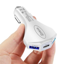 Зарядно за кола с 3 USB изхода - QC 3.0 USB, USB изход, Type-C изход - цвят бял