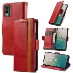 Кожен калъф тип портмоне за Nokia C32 - червен с лента