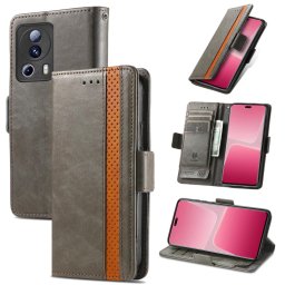 Кожен калъф тип портмоне за Xiaomi 13 Lite - сив с лента