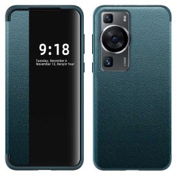 Кожен калъф тип портмоне с прозорче за Huawei P60 Pro - син
