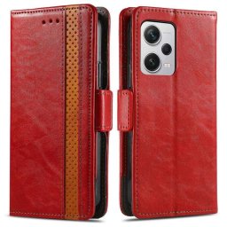 Кожен калъф тип портмоне за Xiaomi Redmi Note 12 Pro+ 5G - червен с лента